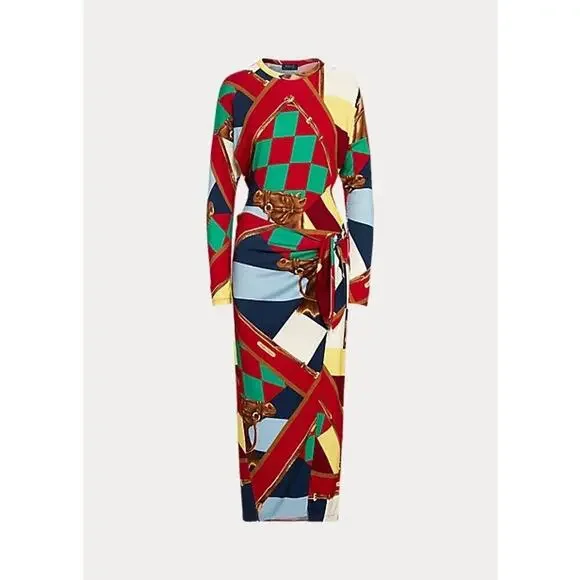 NWT Polo Ralph Lauren Scarf-Print Long-Sleeve Wrap Maxi Dress Sz S Red #2H461 - Picture 3 of 10